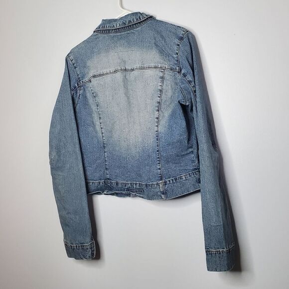 Guess L Jean Jacket Vintage Stretch Denim Light Blue Acid Wash Zip Up - Picture 2 of 16